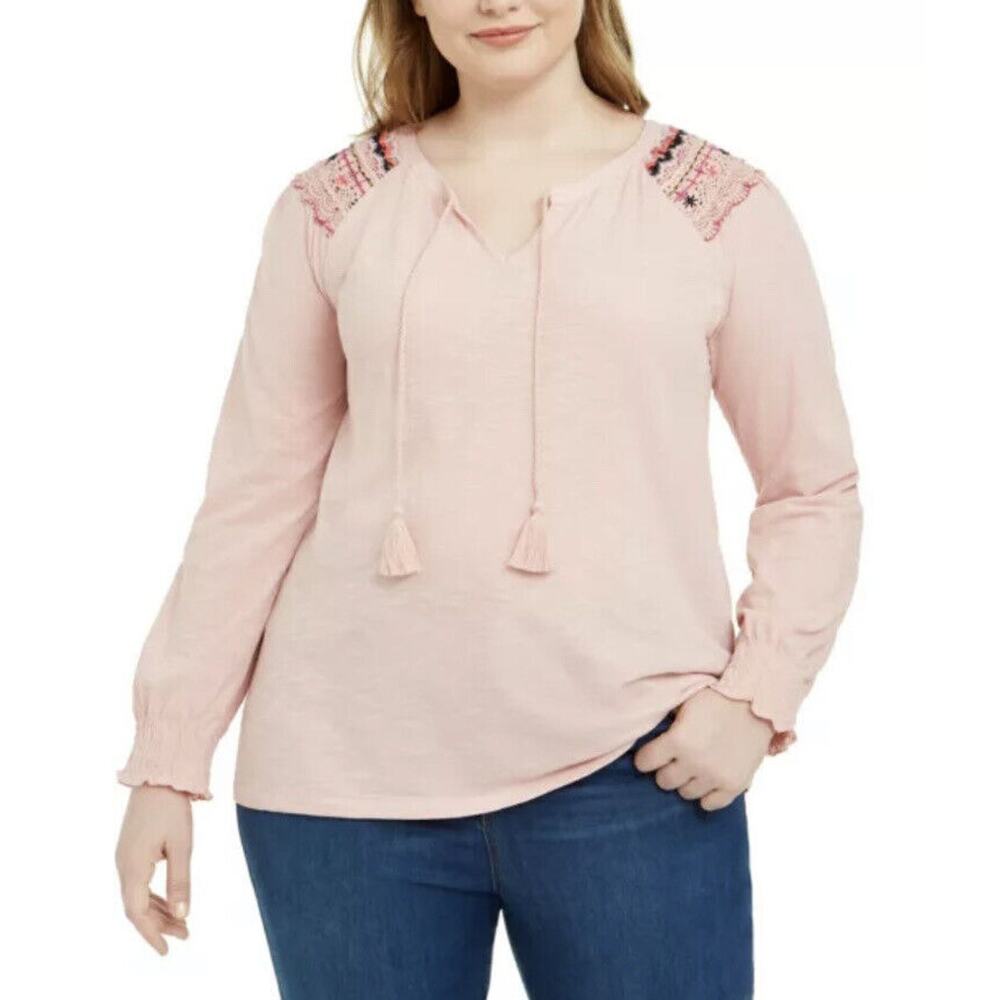 New Style & Co‎ Plus Sz 1X Blouse Cotton Lace-Trim Peasant Top Hibiscus Pink NWT